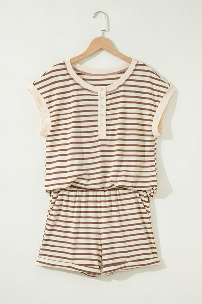 Stripe Cap Sleeve Henley Top & Shorts Set