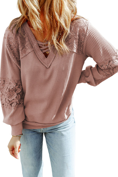 Lace Waffle Patchwork Long Sleeve Top