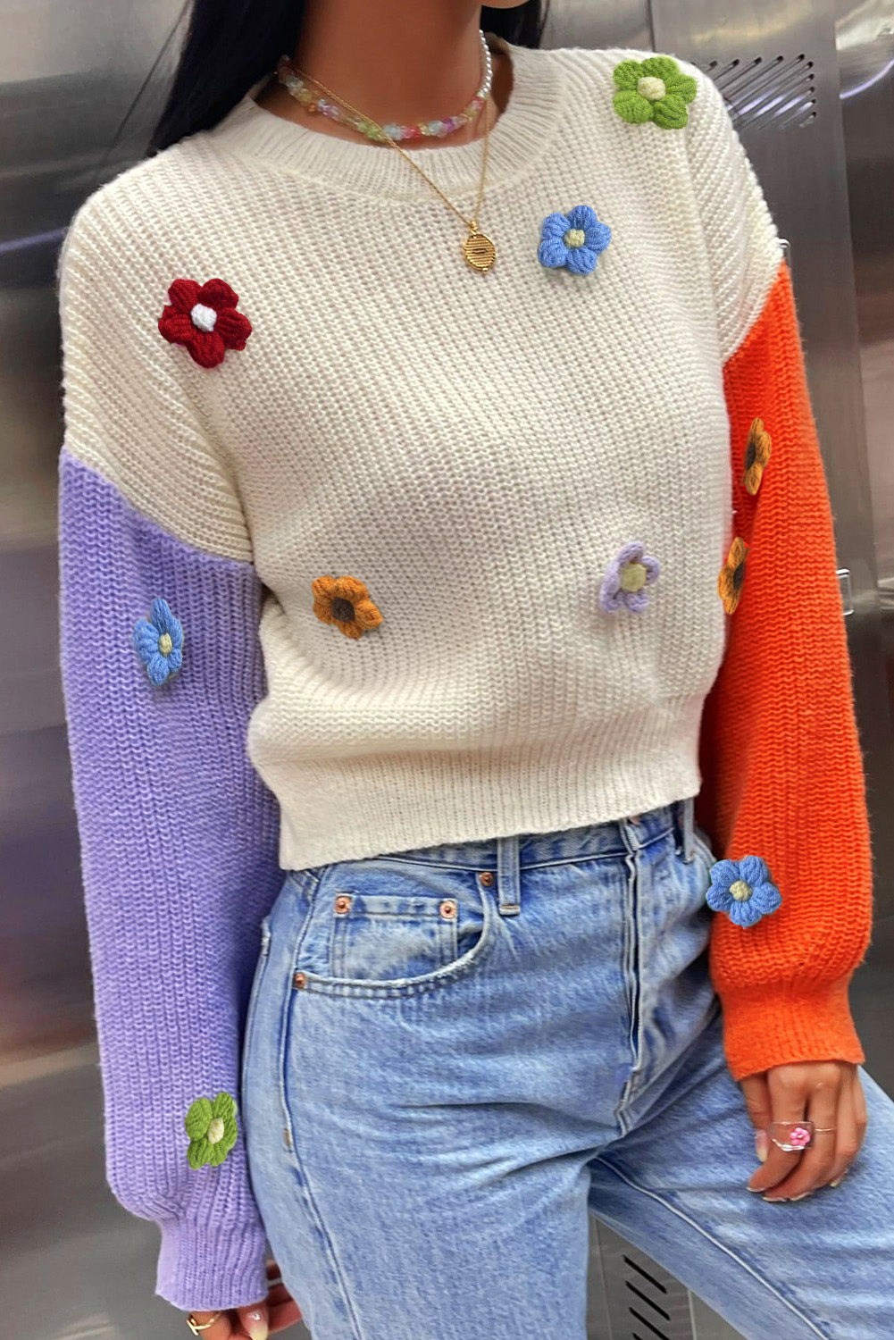 Floral Applique Colorblock Sweater