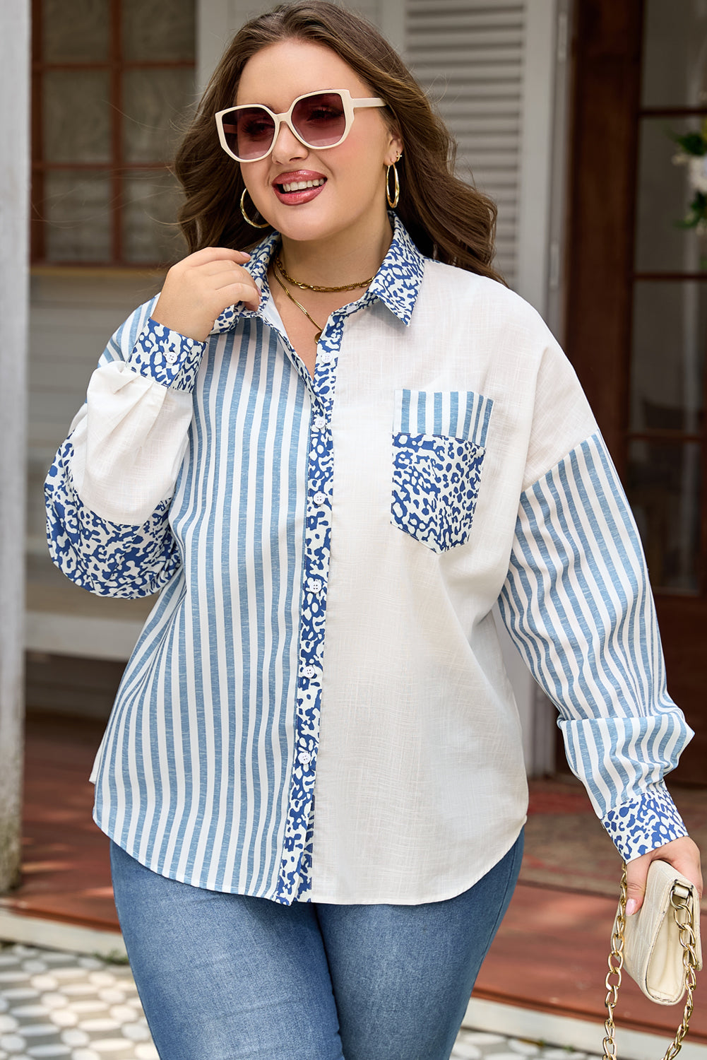 Plus Size Leopard Stripe Patchwork Button-Up Shirt