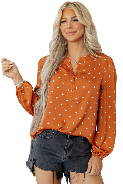 Polka Dot Half Button V-Neck Long Sleeve Blouse