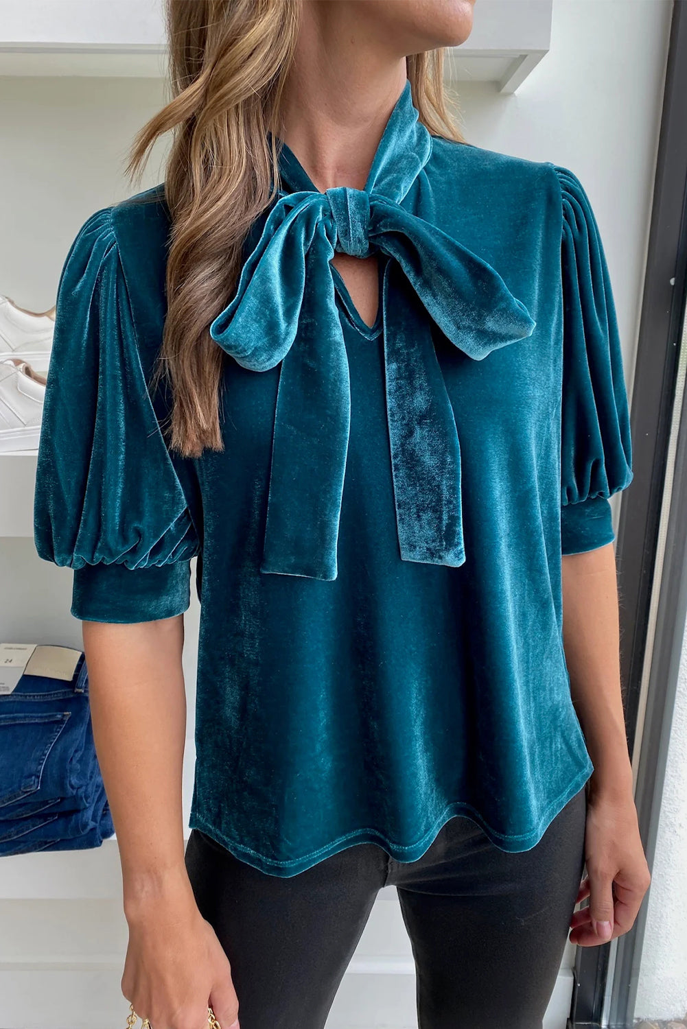 Velvet Bow Tie Neck Top