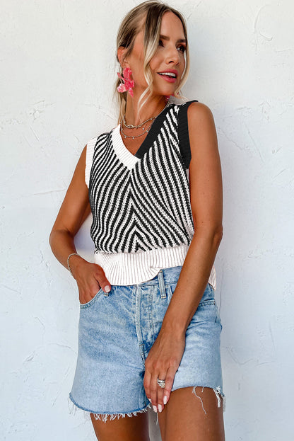 Chevron Contrast V-Neck Sleeveless Sweater Top