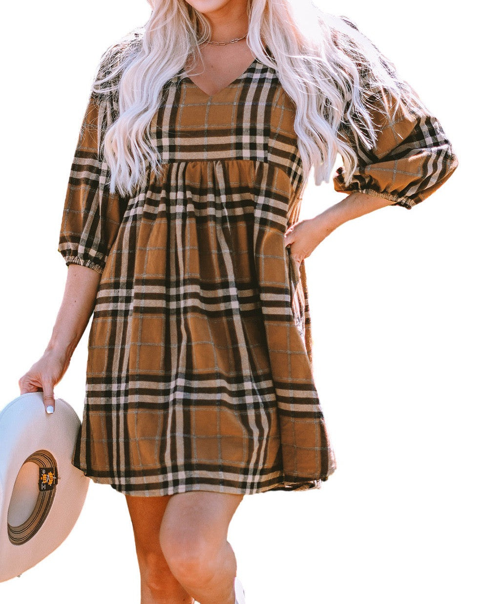 Plaid Puff Sleeve Babydoll Dress