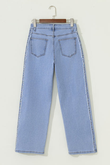 Denim Frayed Raw Edge Stripe Side Panel Jeans