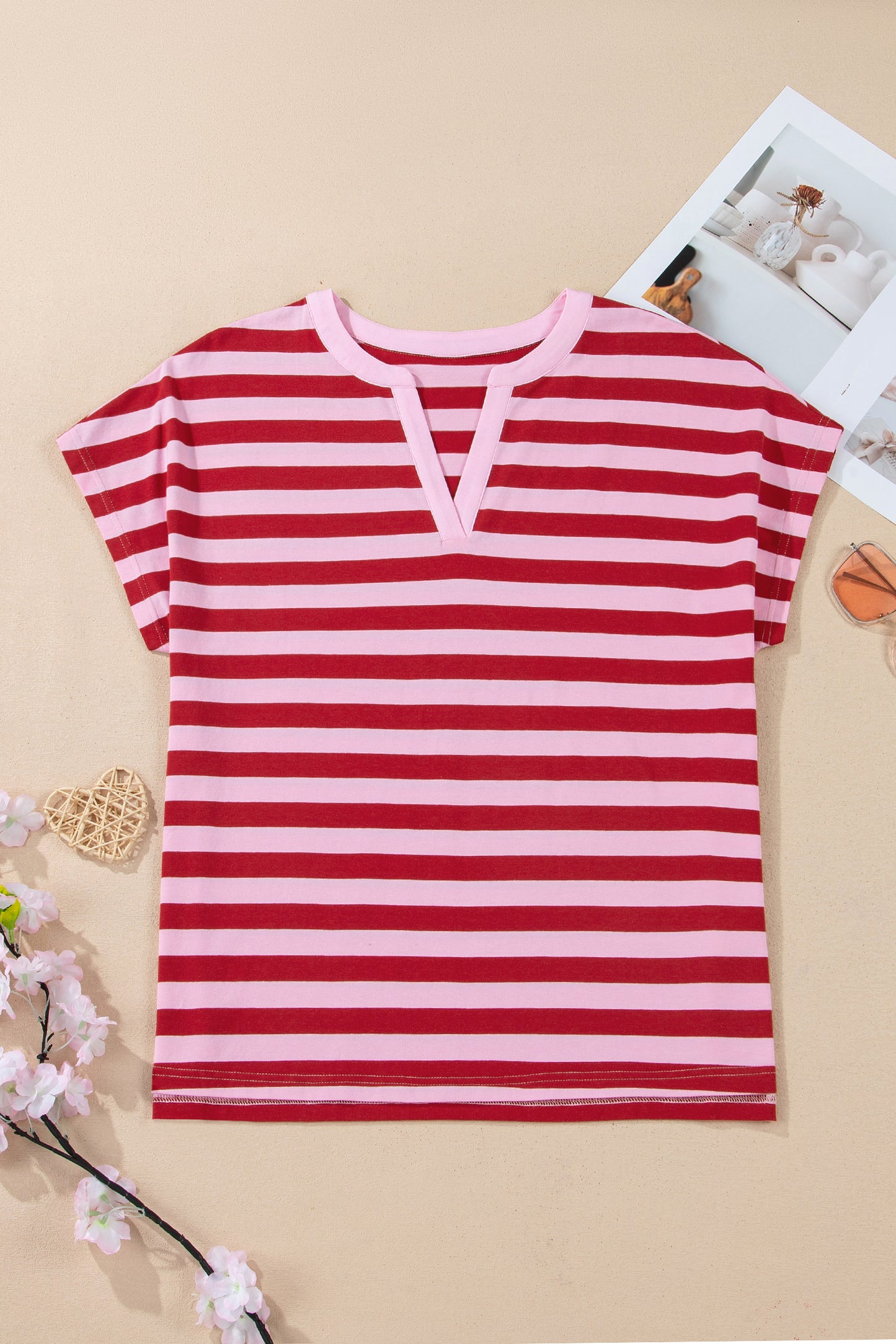 Stripe Split V-Neck Short Sleeve T-Shirt