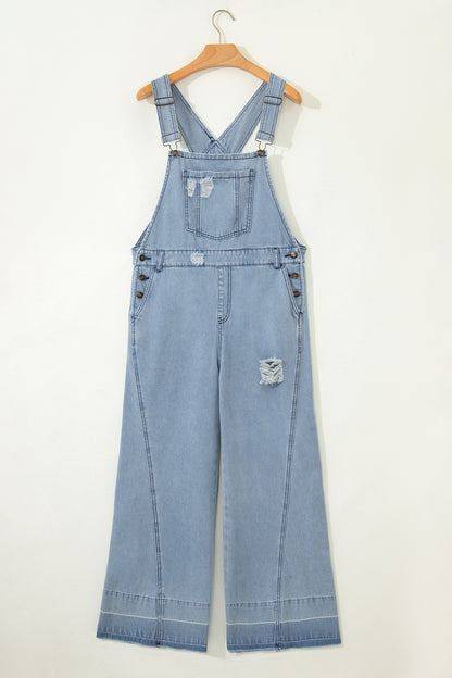 Distressed Denim Adjustable Straps Overall Jumpsuit