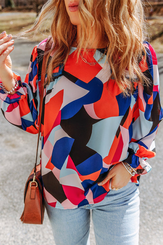 Abstract Ruffle Puff Sleeve Blouse