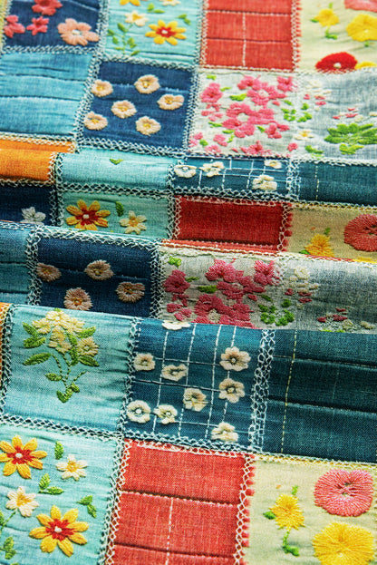 Floral Patchwork Long Sleeve Collared V-Neck Blouse