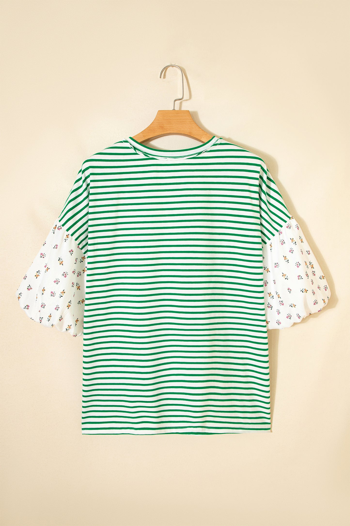Floral Stripe Patchwork Puff Sleeve Round Neck Top