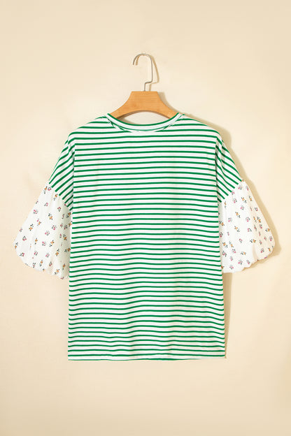 Floral Stripe Patchwork Puff Sleeve Round Neck Top