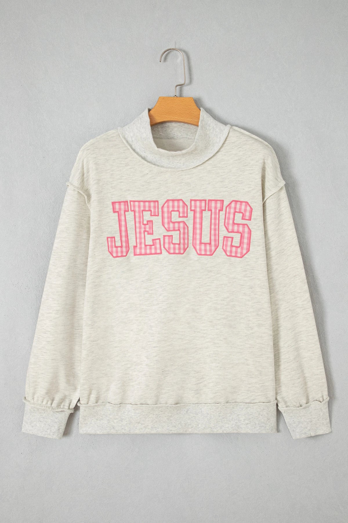 JESUS Gingham Patch Embroidered Mock Neck Sweatshirt
