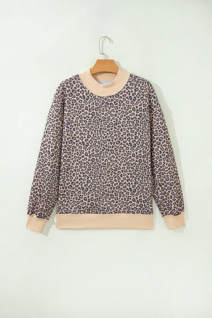 Leopard Ribbed Trim High Neck Long Sleeve Sweatshirt