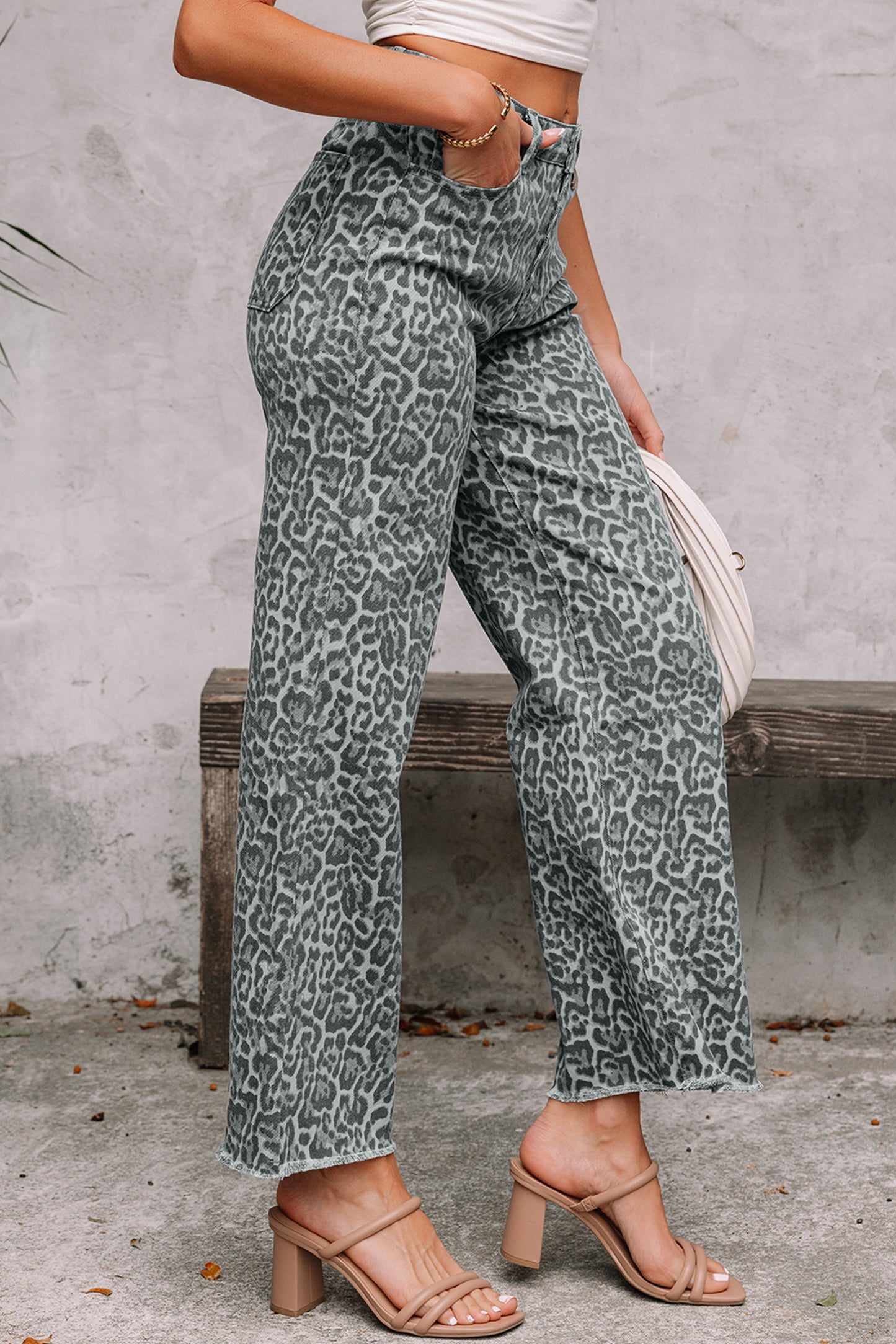 Leopard Frayed Edge High Waist Wide Leg Jeans