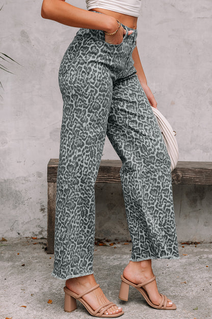 Leopard Frayed Edge High Waist Wide Leg Jeans