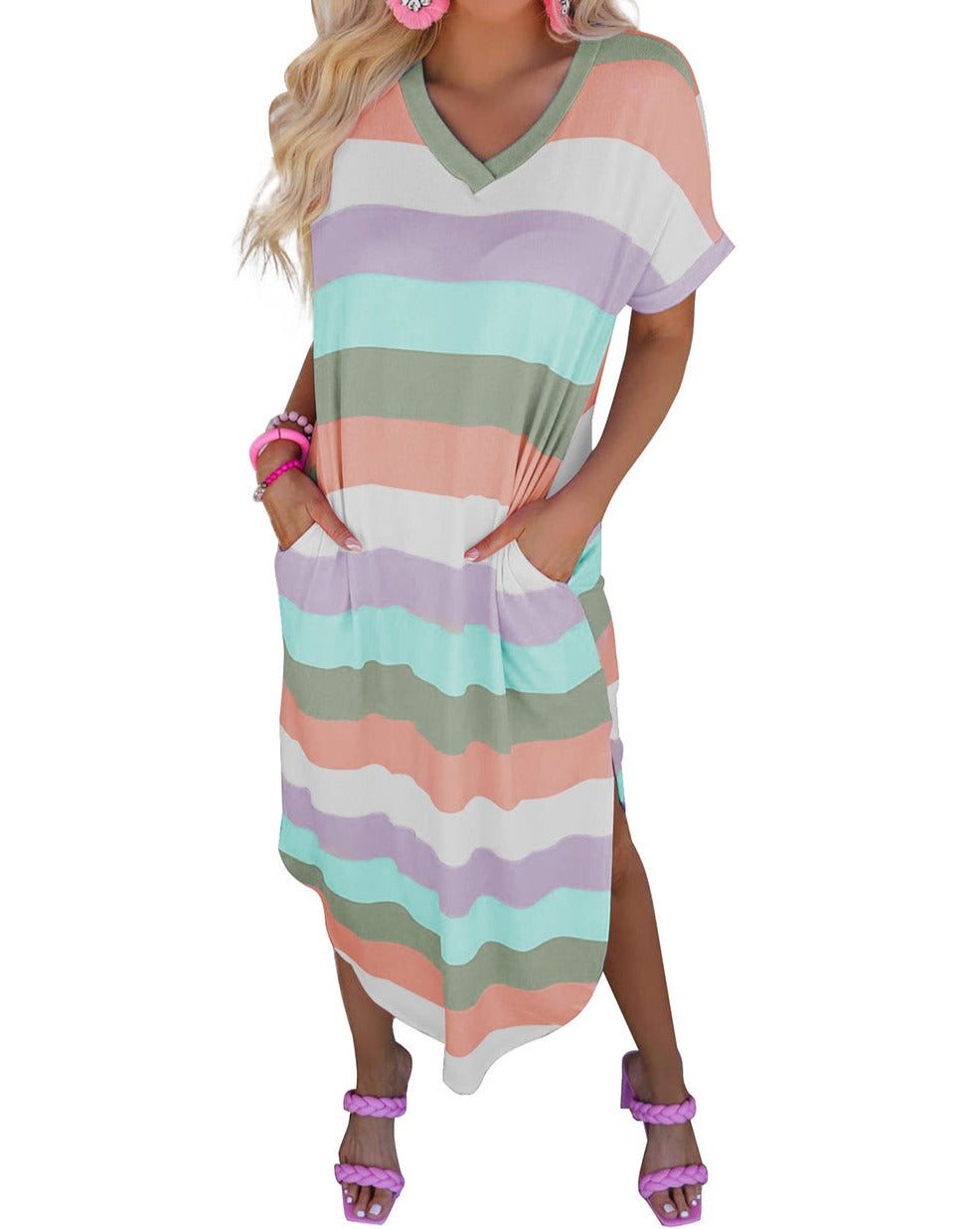 Stripe Short Sleeve Midi Dress