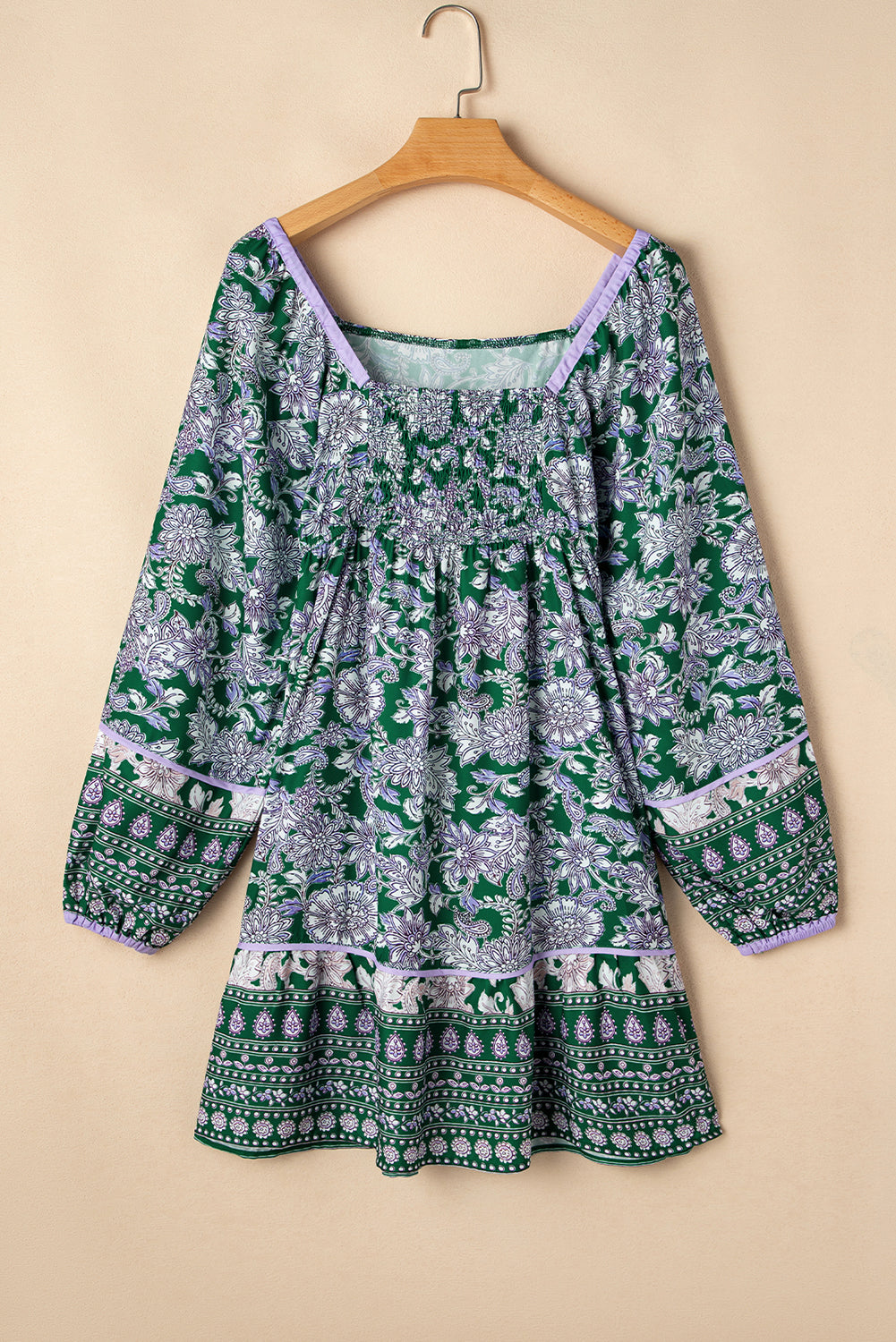 Boho Floral Piping Trim Bubble Sleeve Dress