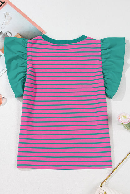 Stripe Colorblock Ruffle Sleeve Blouse