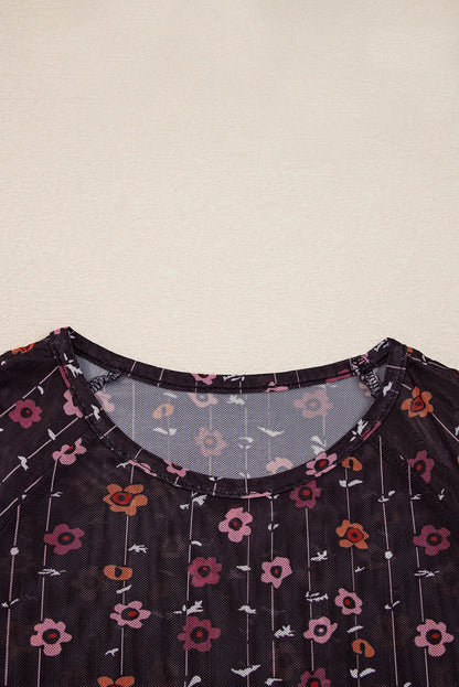 Floral Smock Cuff Mesh Slim Fit Bodysuit