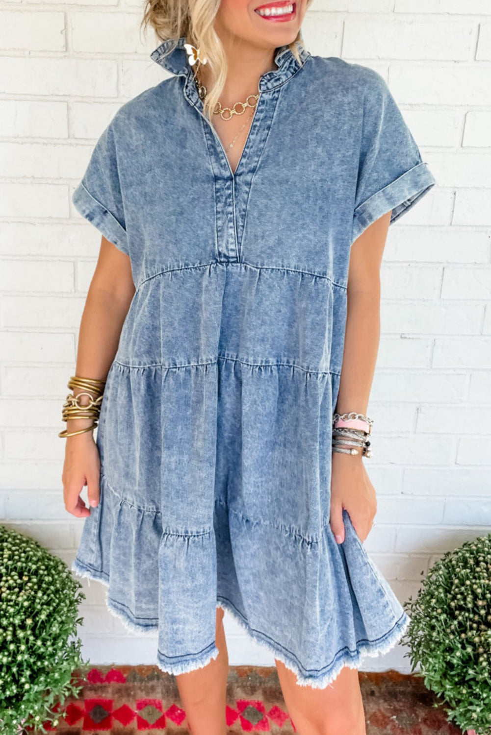 Denim Acid Washed Tiered Dress