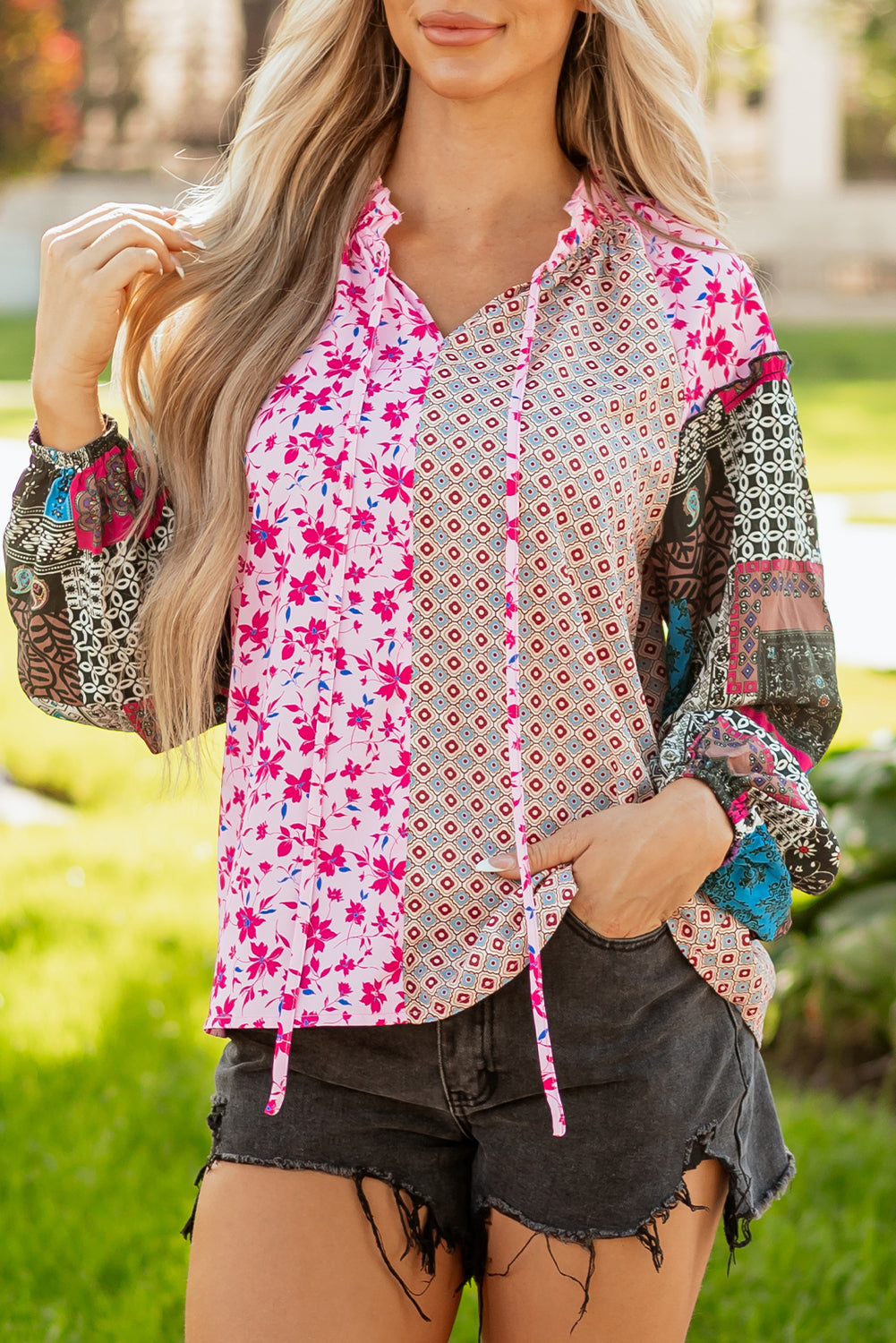 Boho Floral Patchwork Bubble Sleeve Blouse