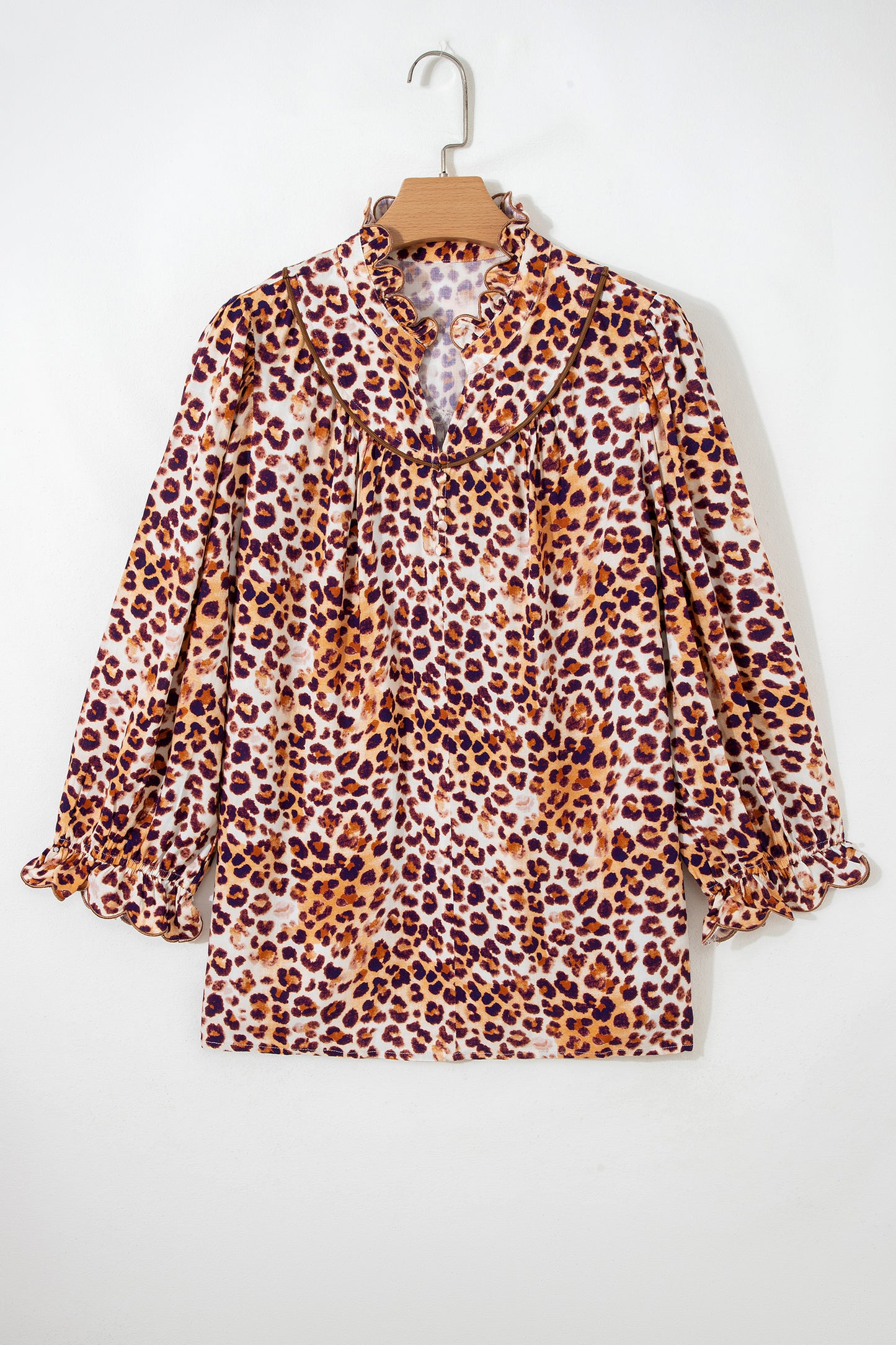 Plus Size Leopard Frilled Stand Neck Blouse