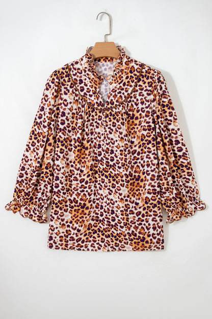 Plus Size Leopard Frilled Stand Neck Blouse