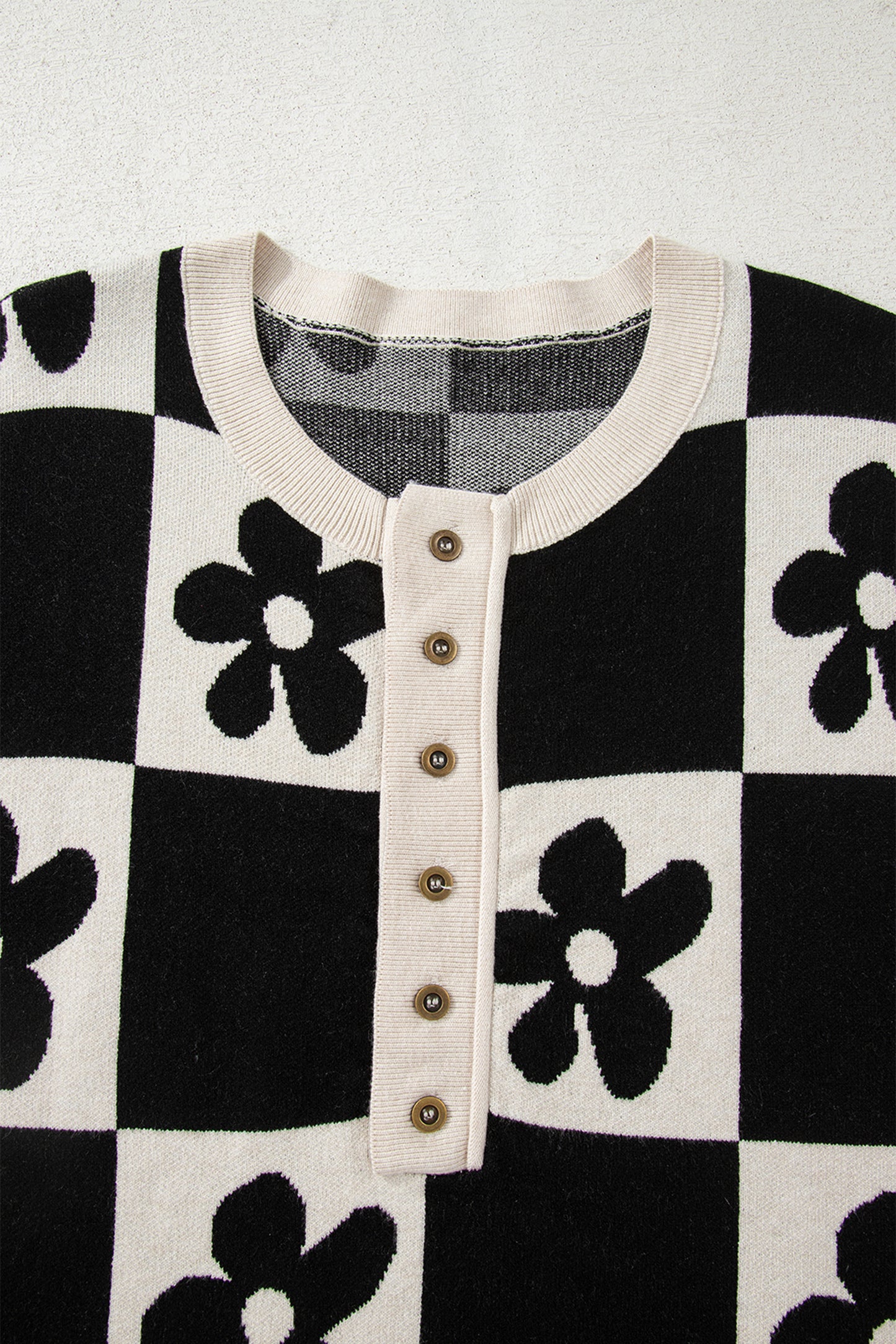 Flower Checker Henley Baggy Sweater