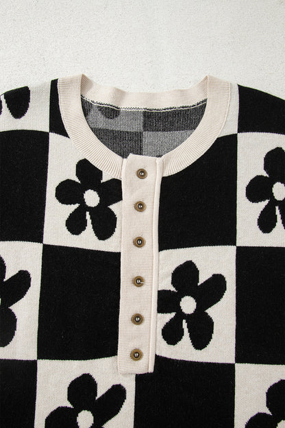 Flower Checker Henley Baggy Sweater