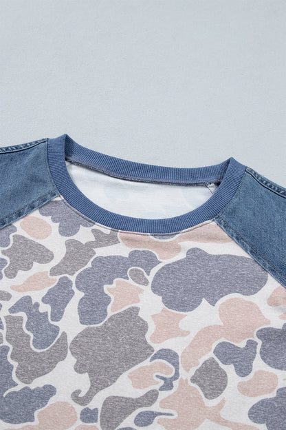 Camo Colorblock Denim Raglan Short Sleeve Tee