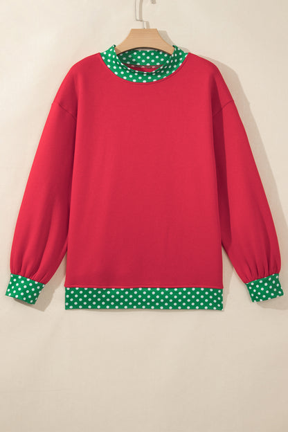 Polka Dot Contrast Trim Mock Neck Sweatshirt