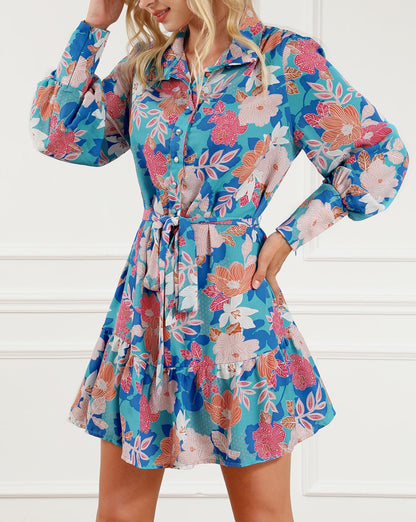 Floral Lantern Sleeve Belted Dress