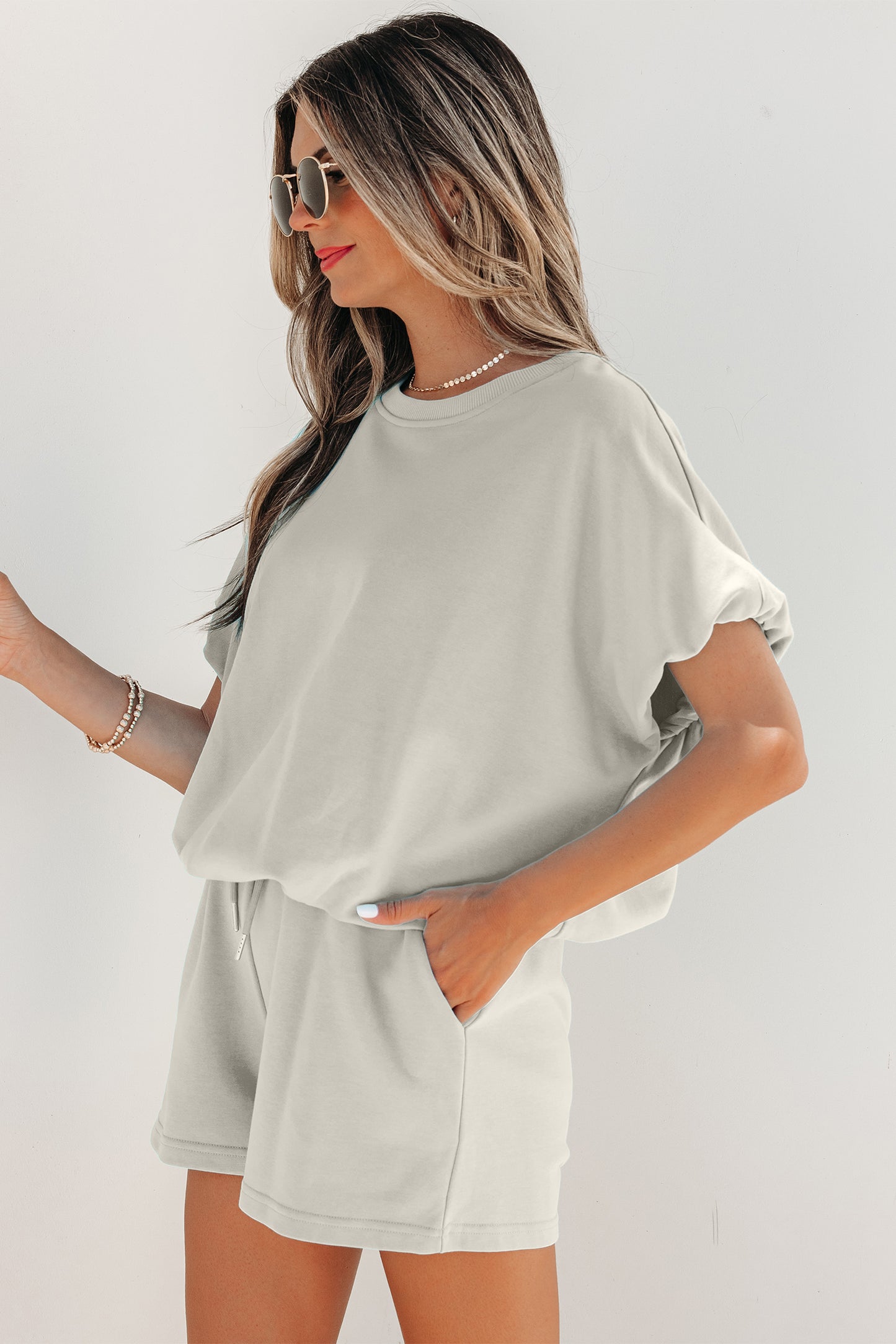 Solid Puff Sleeve Top & Drawstring Shorts Set