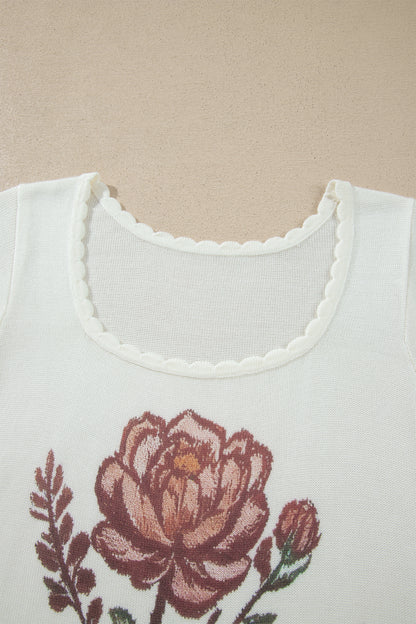 Western Floral Scalloped Square Neck Knit Top