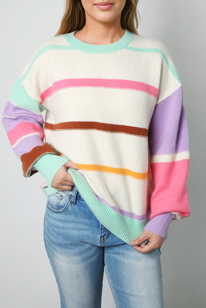 Multicolor Stripe Puff Sleeve Sweater