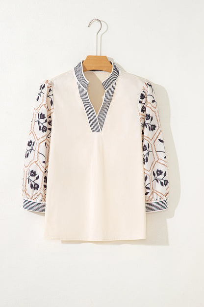 Floral Patchwork Contrast V-Neck Puff Sleeve Blouse
