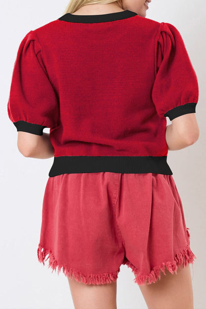 Colorblock Sequin Football Puff Sleeve Sweater