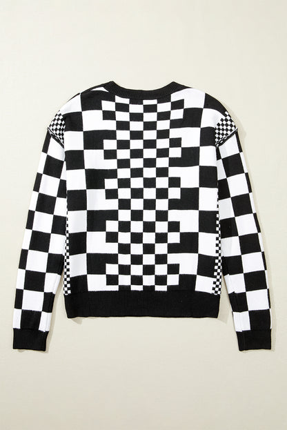 Checker Round Neck Drop Shoulder Sweater