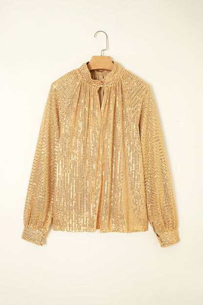 Solid Metallic Sequin Balloon Sleeve Blouse
