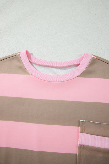 Stripe Colorblock Patch Pocket Long Sleeve Oversized Sweatshirt