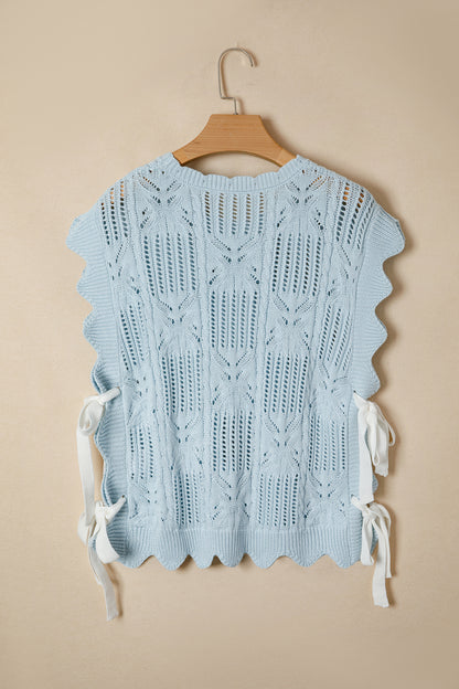 Pointelle Knit Scallop Trim Short Sleeve Sweater
