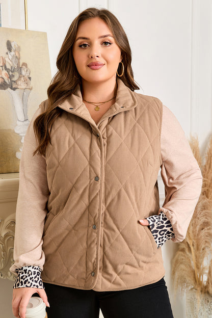 Plus Size Quilted Corduroy Snap Button Vest Jacket