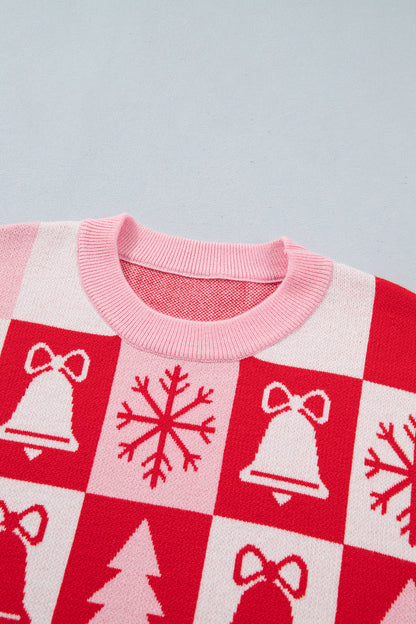 Christmas Checker Round Neck Long Sleeve Sweater