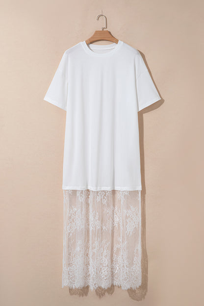 Solid Lace Patchwork Short Sleeve Maxi Dress