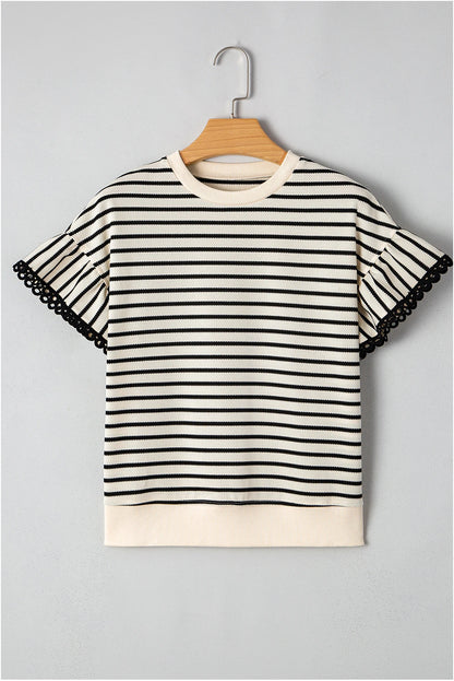 Stripe Scallop Lace Trim Ruffle Short Sleeve Top