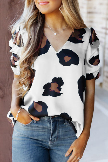 Leopard Ruched Short Sleeve Blouse