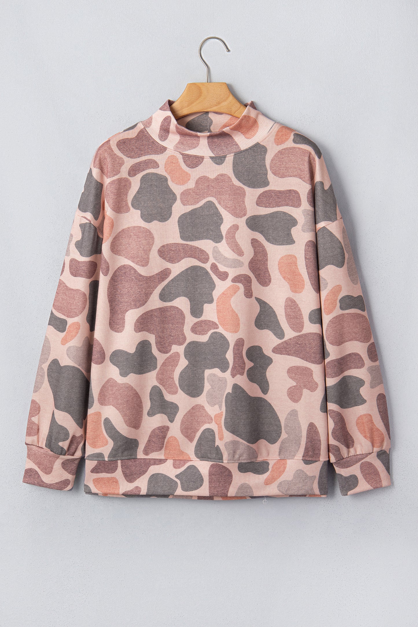 Camo Ribbed Trim Mock Neck Long Sleeve Sweatshirt