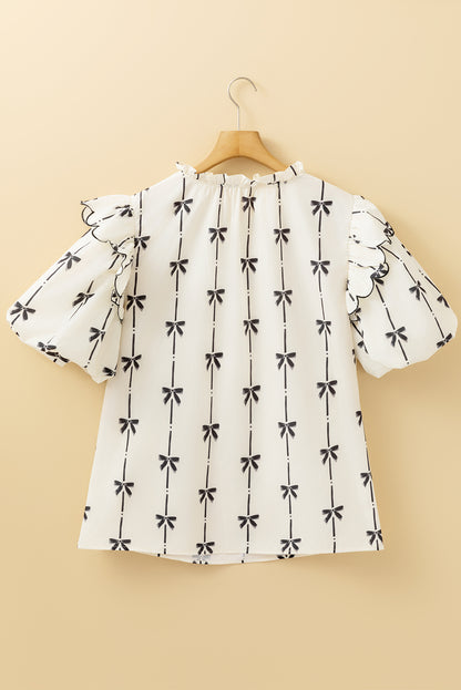 Plus Size Bow Ruffle Bubble Sleeve Blouse