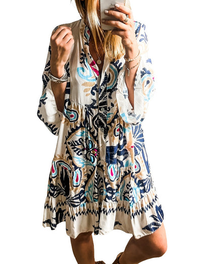 Boho Buttoned 3/4 Sleeve Mini Dress