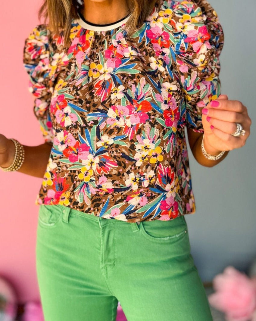 Floral Ruched Puff Sleeve Blouse